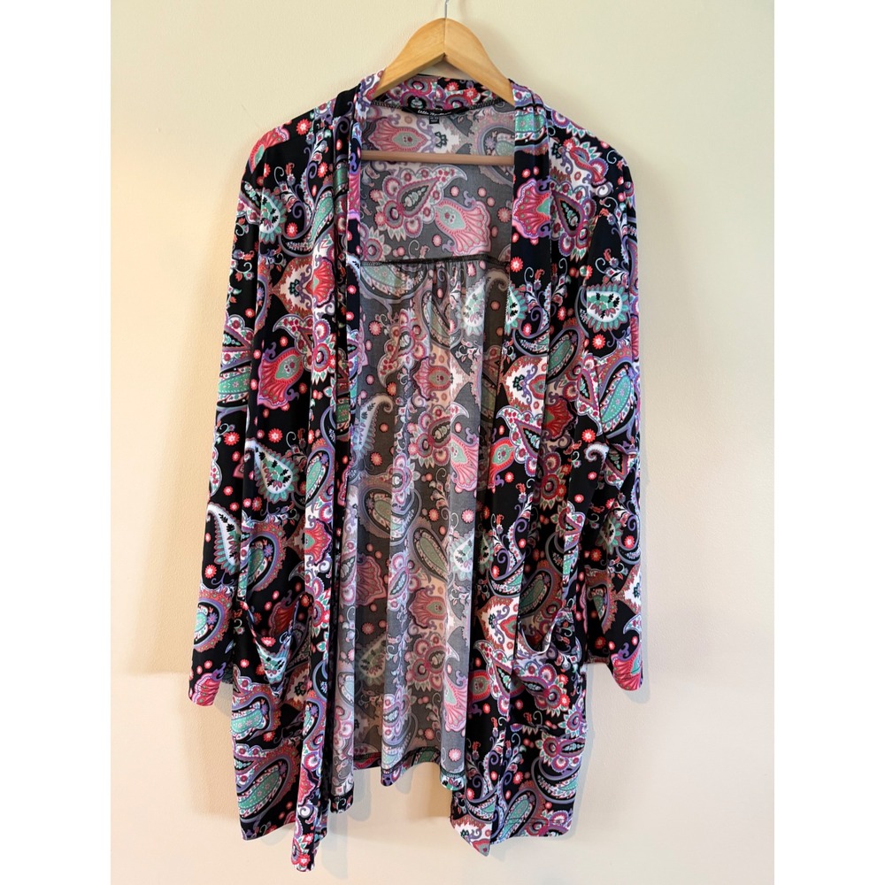 Ulla Popken Womens Paisley Open Front Cardigan Black Multi Color Plus Size 20/22